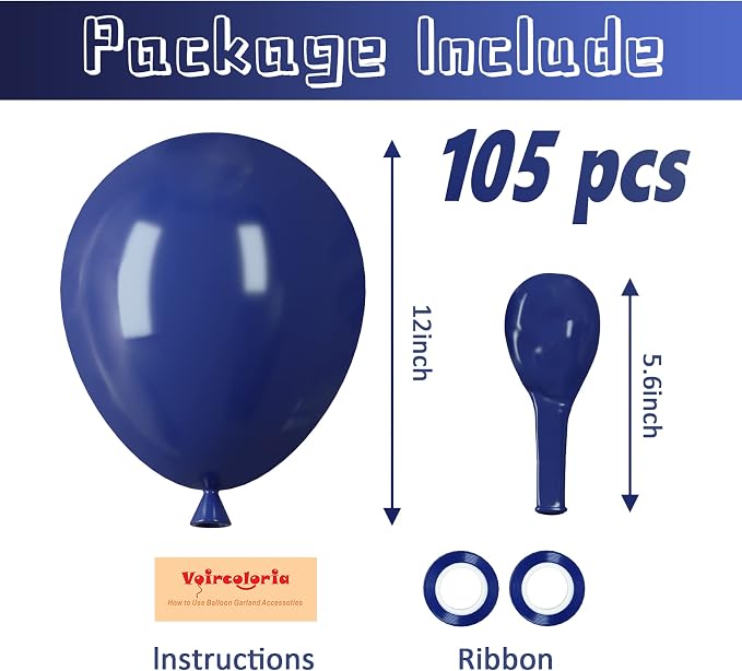 Voircoloria 105pcs Navy Blue Balloons 12inch Dark Blue Balloons for Birthday Graduation Baby Shower Anniversary New Year Party Holiday Decorations