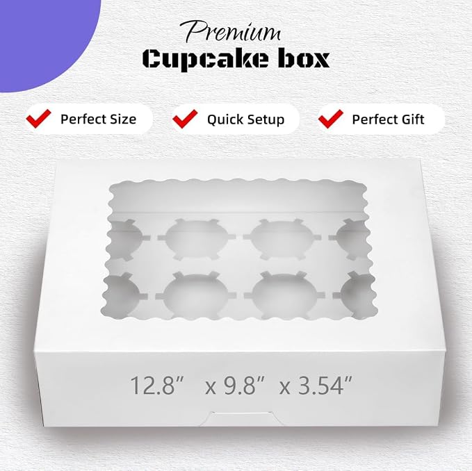Pre-folded 12 count Cupcake Boxes, 15-Set Cupcake Container with Window Transport Holders Holding 180 pastry Box for Birthday, Holiday, Party Bakery Supplies 12.8" x 9.8" x 3.54" (White-15 Pack)