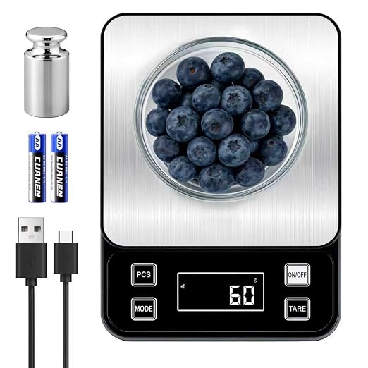 Full Waterproof Digital Scale IP67,5kg Capacity 0.1g Accuracy Kitchen Scale with Type-C Charging Tare Function Stainless Steel Platform for Baking Seafood Food Processing Hardware Counting