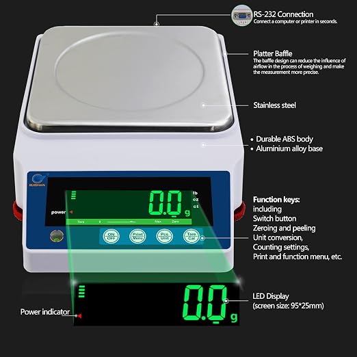 Large Range Postal Scale 10kg x 0.1g Precision Lab Balance - Grain/Gram Scientific Scale Calibrated Industrial Laboratory Weighing and Counting Table Top