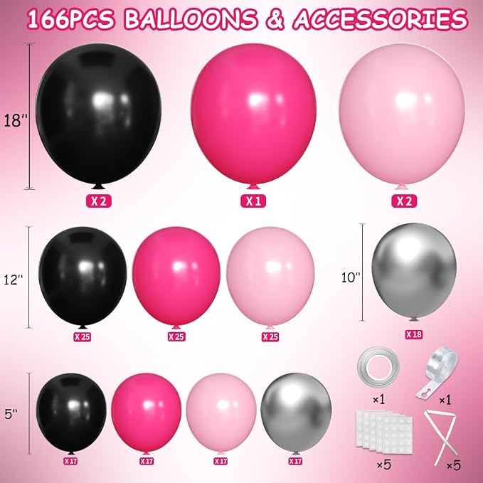 MEBAY Hot Pink Black Silver Balloon Garland Arch Kit, 166Pcs Red Black Pink Silver Balloons for Birthday Graduation Baby Shower Wedding Anniversary Bachelorette Party Decorations
