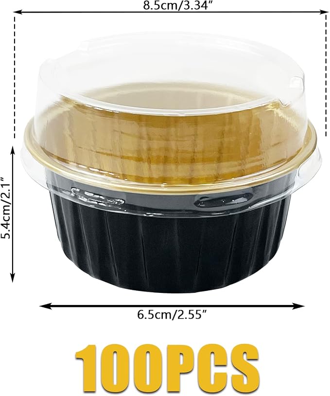 100Pcs Aluminum Cups with Lids,5oz Disposable Ramekin Baking Cups Muffin Liners Mini Pie Pans Foil Cupcake Containers for Christmas Party Wedding,Black Gold