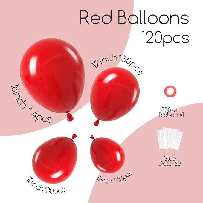 120pcs Red Balloon Arch Kit, 18 12 10 5 inch Red Latex Balloons Different Sizes Balloon Garland for Baby Shower Wedding Valentines Christmas Birthday Party Decorations