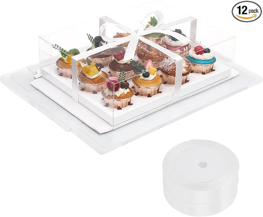 EUSOAR Cupcake Boxes 12 Count, 12 Pack White Bakery Cookies Pastry Containers with Gift Ribbon, Rectangle Treat Dessert Muffins Holder Disposable Mini Cake Carrier for Wedding Party Favor Decor