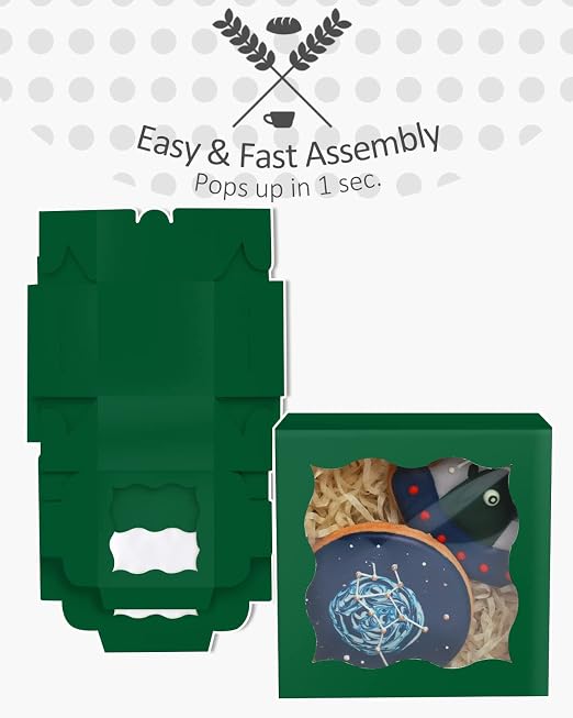 qiqee Deep Green Bakery Boxes with Window 55pcs 4x4x2.5 Mini Cookie Boxes Macaron Boxes Small Donut Pastry Boxes for Party