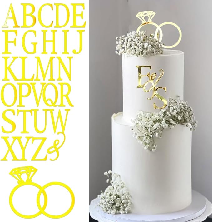 Wedding Cake Topper Diamond Ring Cake Topper with 26 Letter | Personalize Bride and Groom Initial Sign
