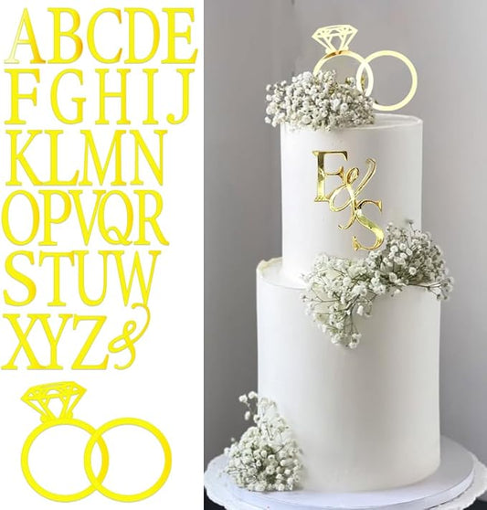 Wedding Cake Topper Diamond Ring Cake Topper with 26 Letter | Personalize Bride and Groom Initial Sign