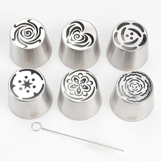 Extra Large Russian Piping Tip Set - 6 Stainless Steel Marshmallow Buttercream Framing Nozzles for 3D Roses Tulip Cake Decorations and Marshmallow Bouquets, Includes 1 Cleaning Brush(6I)