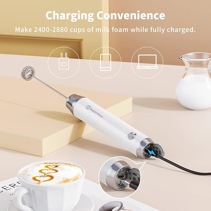Maestri House Rechargeable Milk Frother, LunaFro NS 2-Speed Handheld Electric Foam Maker Waterproof Detachable Stainless Steel Whisk Drink Mixer Foamer for Lattes, Cappuccino, No Stand