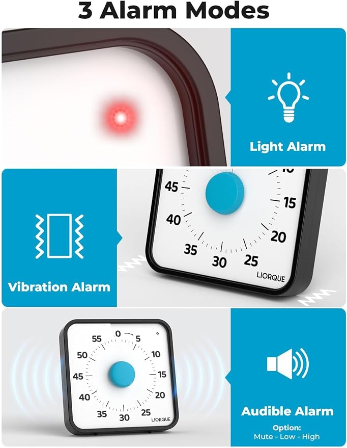 LIORQUE 60 Minute Visual Timer for Kids and Adults, Non-Ticking 7.5 Inch Large Visual Countdown Timers for Classroom Desk Countdown Clock with Magnetic Backing, Kids Pomodoro Timer Clock