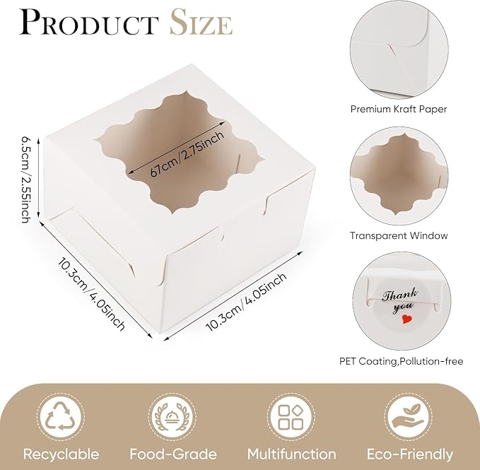 20 Pack Cookie Boxes with Window, 4x4x2.5 Inch White Bakery Box, Kraft Paper Treat Boxes for Pastries, Cookies, Pie, Donuts, Macaron, Strawberry Boxes