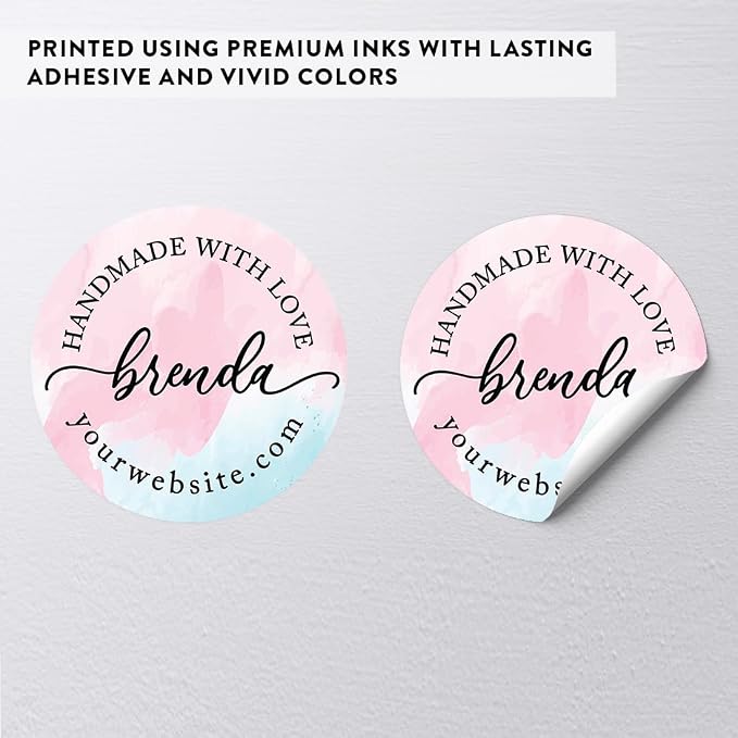 Andaz Press Personalized Round Small Business Sticker Labels, 120-Pack, Custom Watercolor Handmade with Love, Name, Website Handmade Stickers for Packaging, Custom Candle Labels, Business Stickers