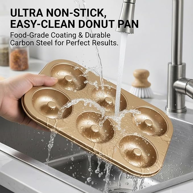 2 Pack Nonstick Donut Pan, 6 Cavity Heavy Duty Steel Mini Bagel Mold, Oven Safe Doughnut Baking Tray (Gold, 6 Cup)