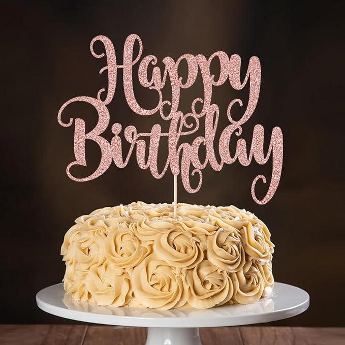 Happy Birthday Cake Topper- Glitter Happy Birthday Cake Decor, Handmade Anniversary/Birthday Party Supplies (Rose gold)