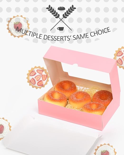 qiqee 36Packs Auto-pop Pink Cookie Boxes for Gift Giving 8x5.3x2 inch One Second Folding Pink Bakery Box with Window Treat Box for Donuts Candies and Biscuit