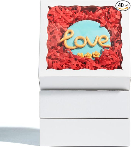 Romantic Baking 40 Pack 5" x 5" x 1 1/5" Cookies Tuck Boxes Heart Hot Chocolate Bombs Macaron Bakery Boxes with Window