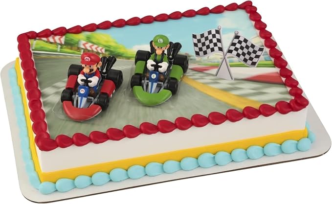DecoSet® Mario Kart™ Cake Topper, 3 Piece Cake Decoration with Race Kart Toppers & Checkered Flag Decoration, Collectible Character Karts for Hours of Fun After the Party