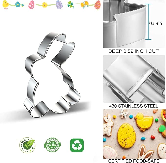 Easter Cookie Cutter Set - 10 pieces - Easter Bunny, Egg, Chick, Carrot, Rabbit, Bunny Face, Holy Cross, Leaf, Flower, Butterfly Shapes - Stainless Steel Biscuit Molds for Spring Holiday Baking