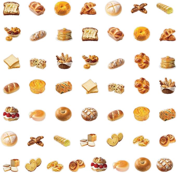 Bakery Bread Stickers Pack 50 PCS, Playful Aesthetic PET Waterproof Die-Cut Pastry Food Sticker Set for Water Bottles Laptop Luggage Skateboard, Scrapbook Journal Phone Case Notebook