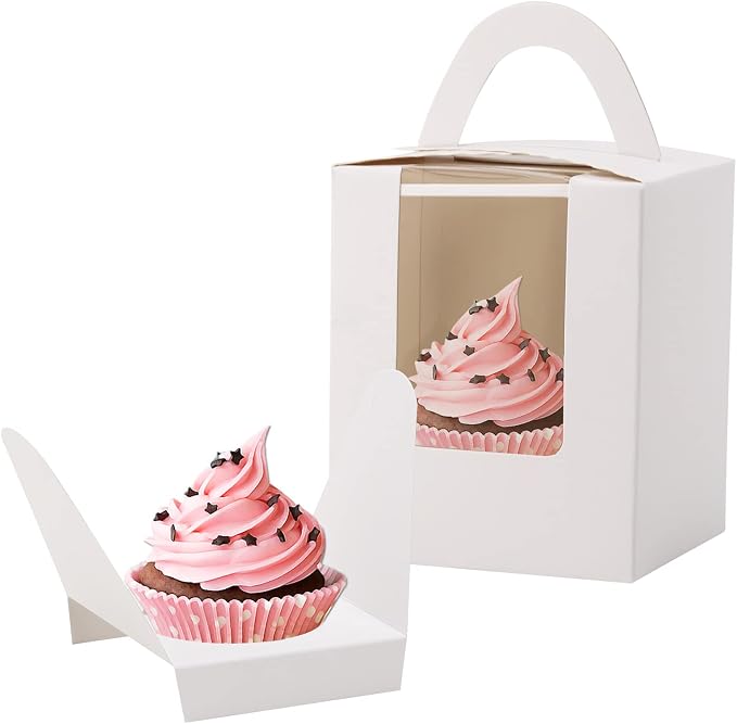 acDesign 100Pcs Cupcake Boxes With Window 3.6in*3.6in*4.3in Cupcake Carrier Individual With Handle and Inserts for Wedding Bakery Wrapping Party Favor Packing(White)