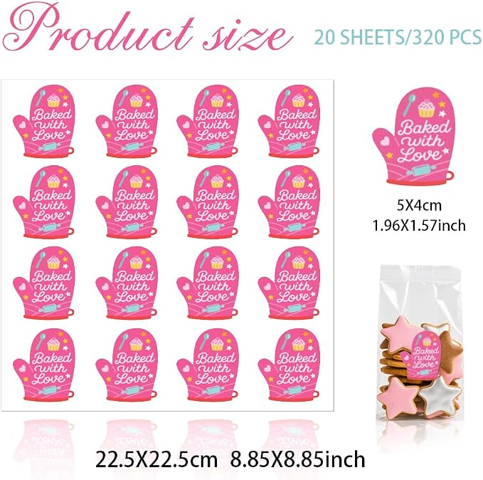 320 Pcs Baked with Love Stickers, Homemade Bakery Stickers Made with Love Sticker Self-Adhesive Gloves Labels for Packaging Bags Containers Businesses Gifts, 2 Inch