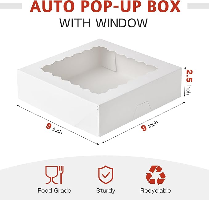 ZORRITA Pie Boxes with Window, 9" x 9" x 2.5", 20 Pack, White | Auto Pop-up, Bakery Boxes, For Chocolate Covered Strawberry, Cookies, Treats, Pastry, Donuts, Muffins