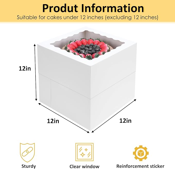 Moretoes 16 Pack Cake Boxes, 12x12x12 Inch Tall Cake Containers with Window for Tier Cakes, Disposable Sturdy Bakery Carrier with Lids, for Valentine's Day, Mother's Day, Wedding, Birthday