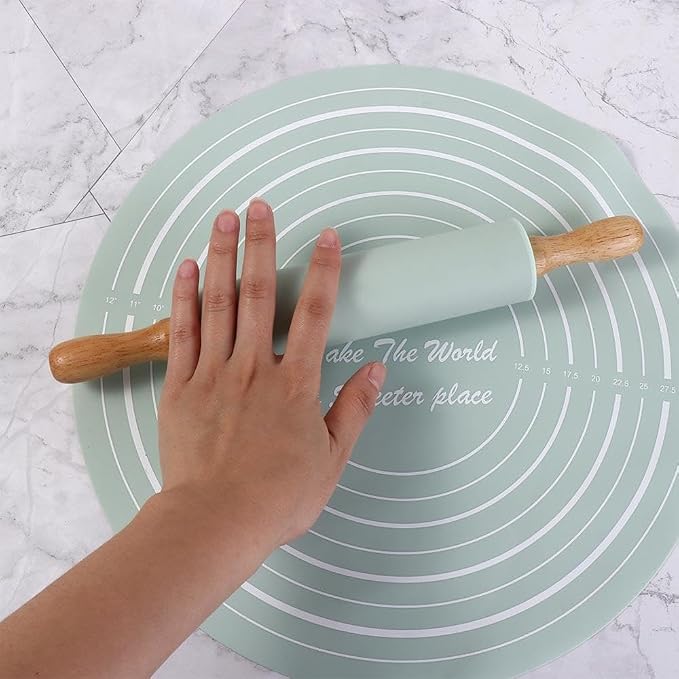 Rolling Pin Dough Mat Set,2 Pcs/Set Wood Rolling Pin Silicone Pastry Mat,Non-Stick Dough Mat With Scale Househeld Bakeware Baking Tool Kits