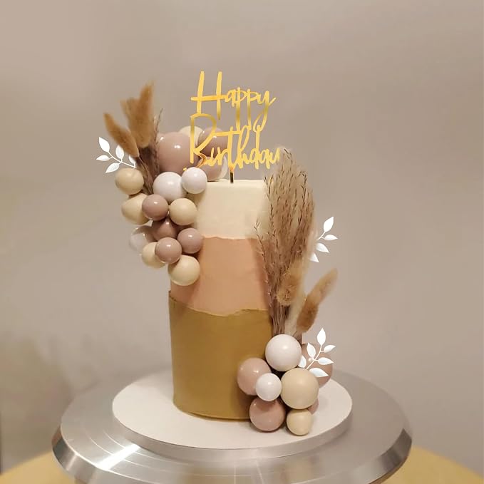 Khaki Balls Cake Topper Boho Grass Cake topper Khaki White Gold Pearl Balls Happy Birthday Cake Decorations for Wedding Birthday Boho Themed Supplies (Khaki)