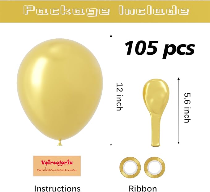 Voircoloria 105pcs Metallic Gold Balloons 12inch Party Latex Balloons for Birthday Graduation Baby Shower Wedding Anniversary New Year Party Decorations