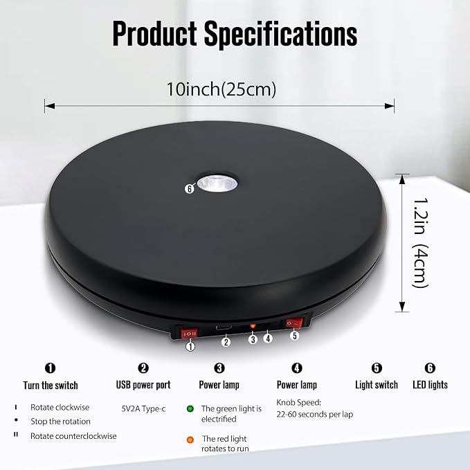 JAYEGT Motorized Rotating Display Stand with LED Light , 10 inch /55lbs Load, 360 Degree Electronic Turntable Display Stand for Photography Products Shows, Jewelry, Watch, 3D Models, Cake (Black / White LED Light / Wired)
