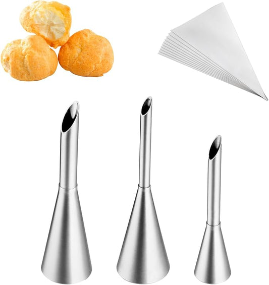 Kasmoire 3Pcs Cream Icing Piping Nozzle Tips,Stainless Steel Long Puff Nozzle Tip With 10Pcs Disposable Piping Bags,Puff Pastry Filling Cake Decorating Tools