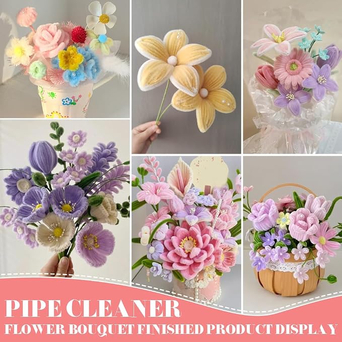 620Pcs Macaron Pipe Cleaner Flower Kit, 6 Colors Bulk Chenille Stems with Wires, Pom Poms, Stamens and Card, All-in-One DIY Flower Craft Supplies for Creative Gifts Home Decor, Party & School Crafts
