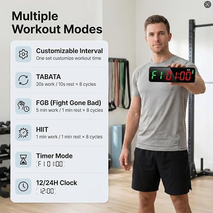 Gym Clock Workout Timer Clock for Home Gym, 7-Inch LED Gym Exercise Interval Timer with Strong Magnet, Rechargeable Battery, 5-Level Brightness for HIIT, Tabata, Boxing & Garage Workouts
