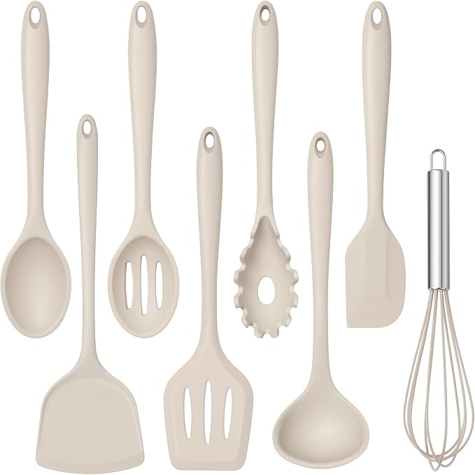 TeamFar Silicone Cooking Utensils Set, 8 PCS Kitchen Utensils Set, 446°F Heat Resistant, Turner, Spatula, Spoon, Whisk, Kitchen Cooking Gadgets Tools for Nonstick Cookware, Dishwasher Safe-Khaki