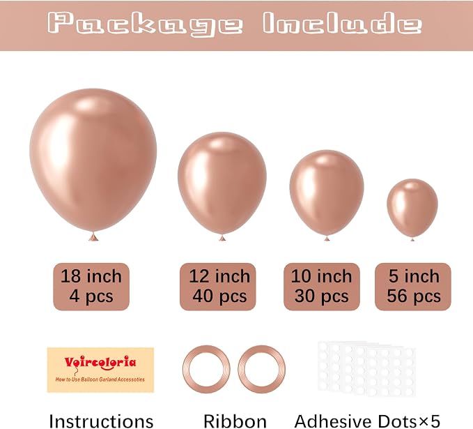 Voircoloria 130pcs Metallic Rose Gold Balloons Different Sizes 18" 12" 10" 5" Chrome Rose Gold Balloon Garland Arch Kit for Graduation Birthday Baby Shower Wedding Anniversary Party Decorations