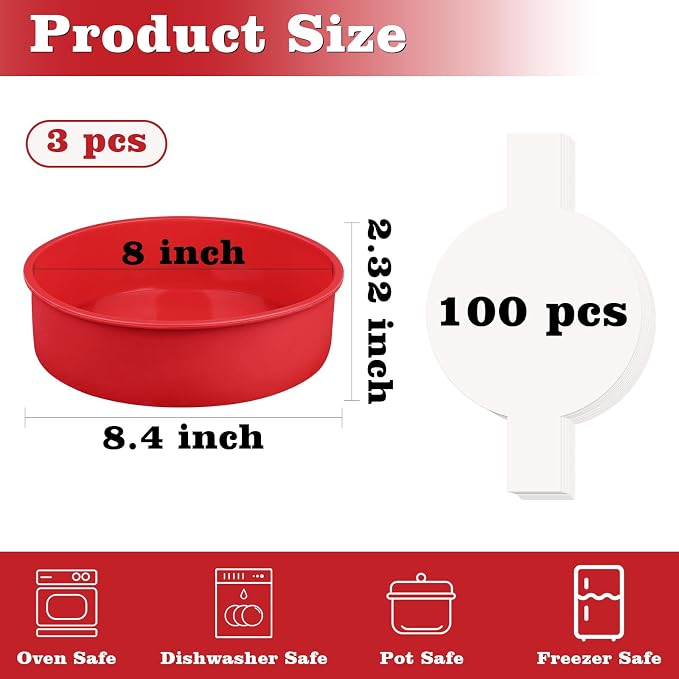HUAKENER 8 Inch Round Cake Pan, 3 Pack Silicone Cake Molds with 100 Pieces Parchment Paper, Nonstick Cake Molds for Birthday Cakes, Layer Cakes, Cheese Caks, Chocolate Cakes