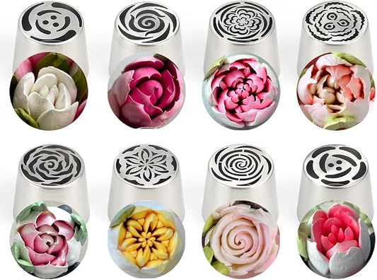 8 Pieces Stainless Steel Extra Large Russian Piping Tips Set,Flower Icing Nozzles with 1 Cleaning Brush,1 Small Leaf Icing Tip for Making Marshmallows,Cupcakes Bouquet,Buttercream Baking Tools