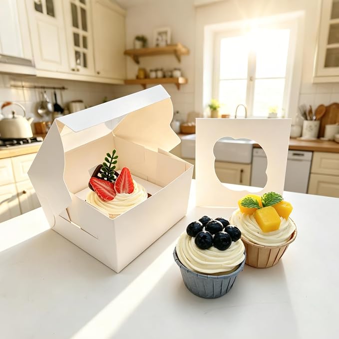 Jotique Cupcake Boxes with Window, 20 Sets 4.5x4.5x3 Inch White Paper Bakery Boxes for Single Cupcake, Cookies and Muffins, Sturdy Disposable Treat Boxes for Individual Pastry, Baked Good, Gift Giving