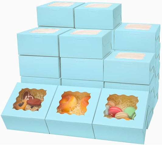 Bakepacker 60pcs Light Blue Bakery Boxes with Window 6x6x3 inches Thick & Sturdy Macaroon Pastry & Cookie Boxes