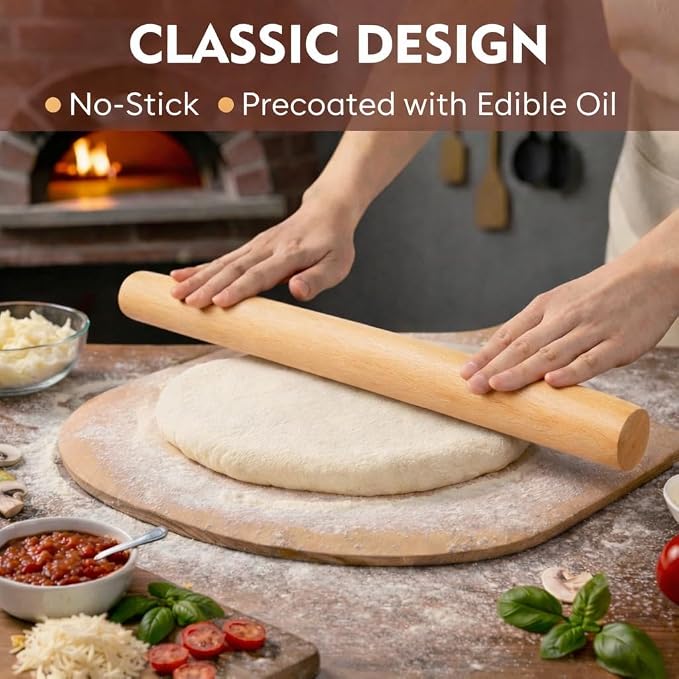 15.5 Inch Straight Rolling Pin – Lightweight Solid Wood, Unfinished & Chemical-Free, Natural Grain Texture (Not Smooth), for Pizza, Pastry, Pie – Rustic Charm, Great for Beginners