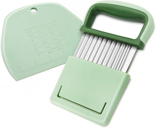 Vegetable Chopper - Stainless Steel Blade Crinkle Cutter/Wavy Knife Veggies French Fry Slicer and Plastic Dough/Cake Scraper,2 piece (Green)