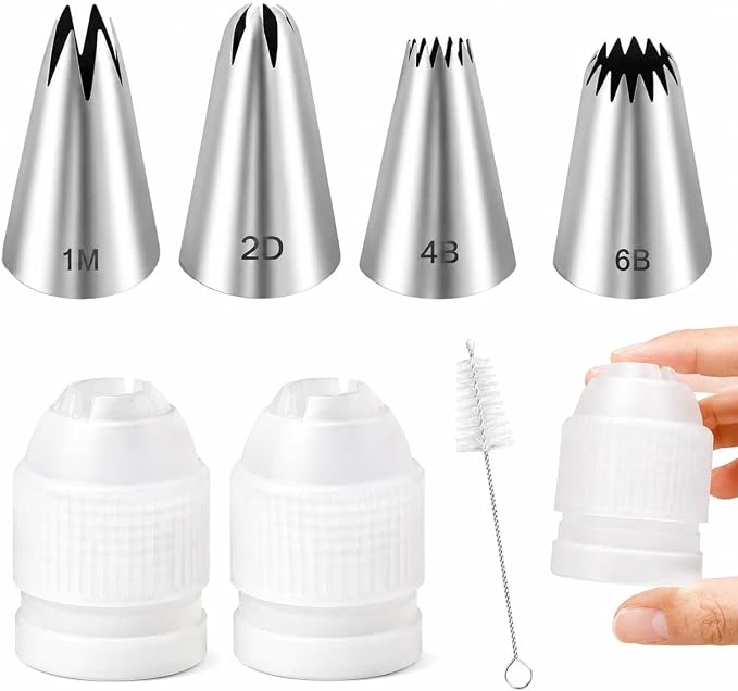 1M 2D 4B 6B Large Piping Tip and Piping Couplers Set, Stainless Steel Icing Tips, Cake Decorating Tips for Cake Cupcake Cookie DIY Shell Edge Spiral Flower Petal Decorating Tool