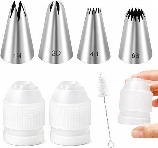 1M 2D 4B 6B Large Piping Tip and Piping Couplers Set, Stainless Steel Icing Tips, Cake Decorating Tips for Cake Cupcake Cookie DIY Shell Edge Spiral Flower Petal Decorating Tool