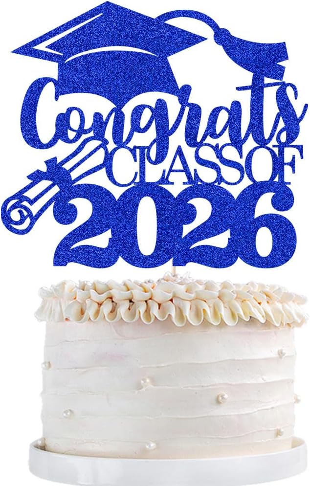 Congrats Class Of 2026 Cake Topper, Glitter Graduation Party Supplies - High School College Graduates -College Graduate Cake Topper Decorations Supplies(Congrats Class Of 2026 Dark blue)