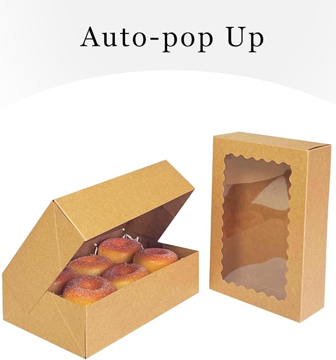 qiqee Auto-pop up Cookie Box with Window 9x6x2.5 Inch Brown 50Pcs Pastry Macaron Bakery Pie Box For Packaging