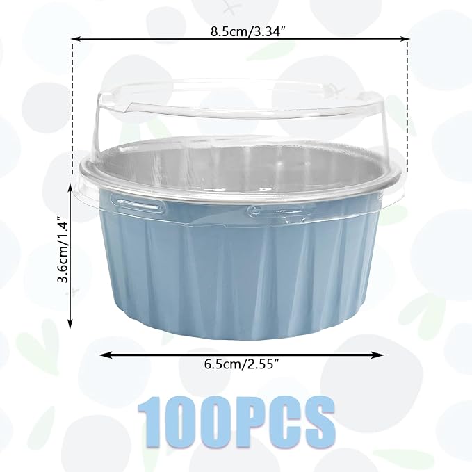 100Pcs Aluminum Cups with Lids,5oz Disposable Ramekin Baking Cups Muffin Liners Mini Pie Pans Foil Cupcake Containers for Christmas Party Wedding Party,Sky Blue