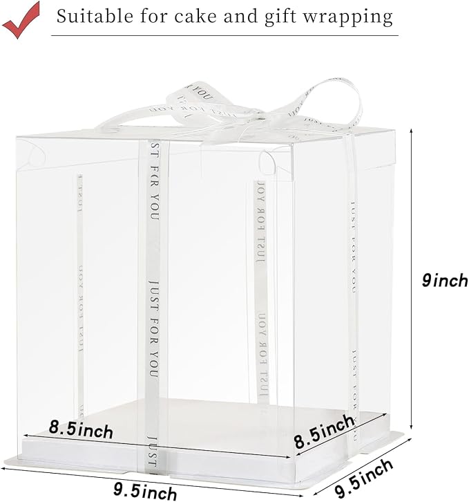 JCD 6Pcs Multi-Layer Tall Cake Boxes Clear Box with Ribbon, 8x8x9 inch,Ideal for 6" Inch Tall Layer Tiered Cakes,Gift Boxes for Wedding Party and Gift Display (Clear Lid, 8 * 8 * 9inch/6Pcs)