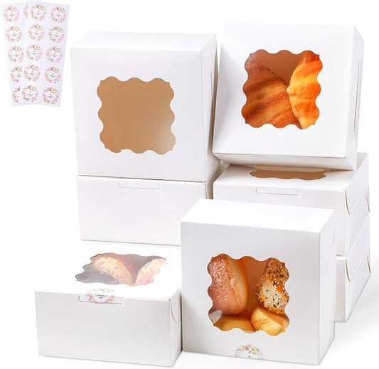 20 Pack Cookie Boxes with Window, 6x6x3 Inches White Bakery Boxes for Treats, Pastries, Desserts & Chocolate Strawberries, Baked Goods Packaging for Holiday Gift Giving