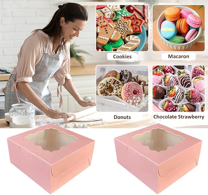 JIYIXhylera 30Pcs (6x6x3 in) Mini Cake Boxes+2 stickers with Display Window for Gift Giving, Bakesale, Cupcakes, Dessert, Cookies, Pie, Macaroons, Donuts, Pastry, Kraft Paper Material… (30Pcs Pink)